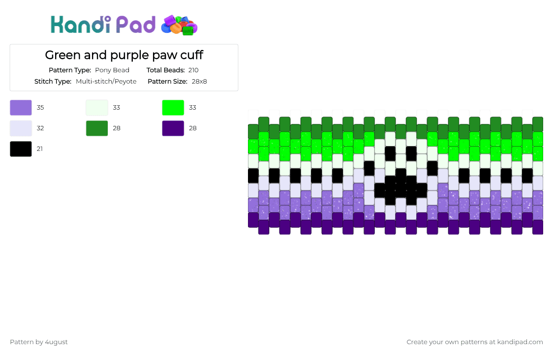 Green and purple paw cuff - Pony Bead Pattern by 4ugust on Kandi Pad - green,purple