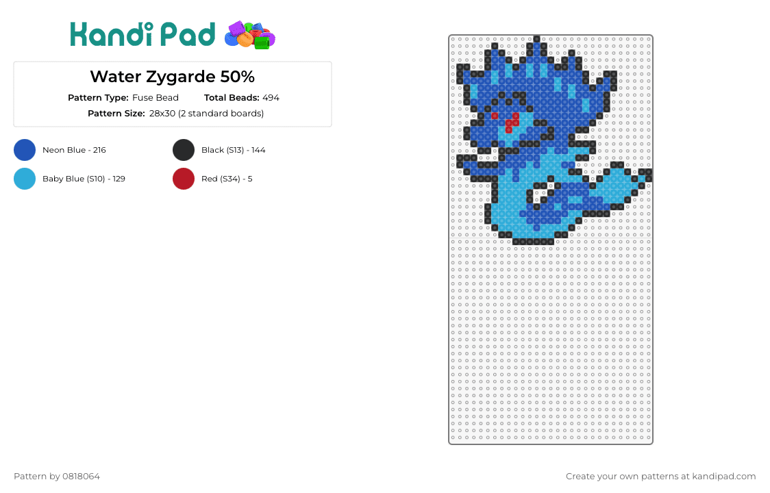 Water Zygarde 50% - Fuse Bead Pattern by 0818064 on Kandi Pad - zygarde,pokemon,water,character,gaming,blue