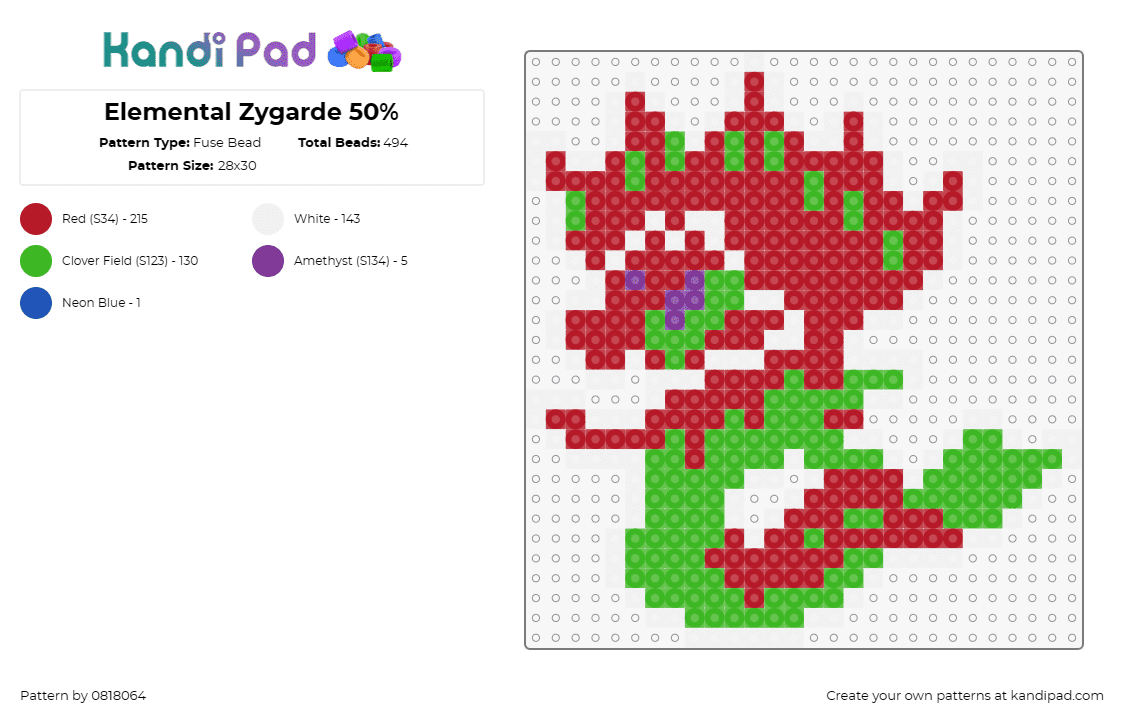 Elemental Zygarde 50% - Fuse Bead Pattern by 0818064 on Kandi Pad - zygarde,pokemon,elemental,character,gaming,green,red