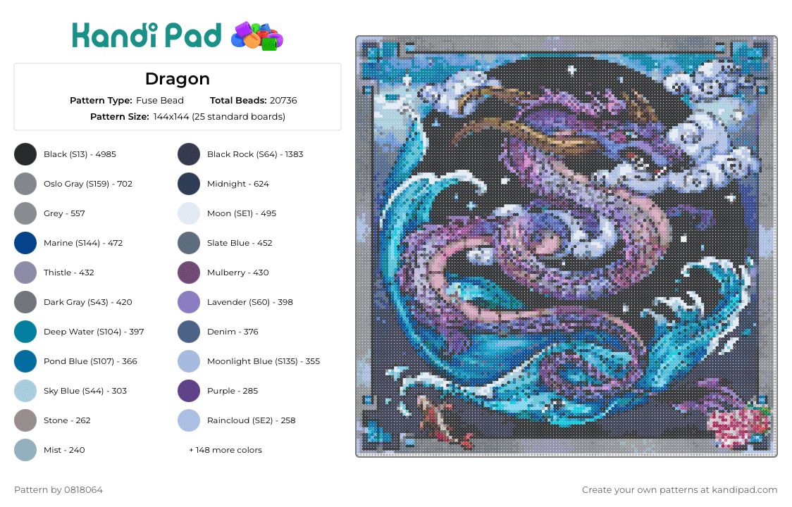 Dragon - Fuse Bead Pattern by 0818064 on Kandi Pad - dragon,mythical,creature,art,water,waves,purple,blue