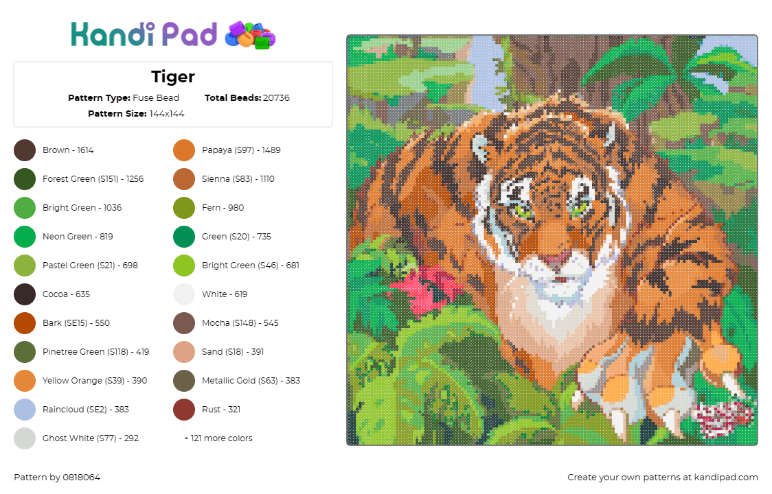 Tiger - Fuse Bead Pattern by 0818064 on Kandi Pad - tiger,jungle,big cat,wild,animal,nature,stripes,orange,green