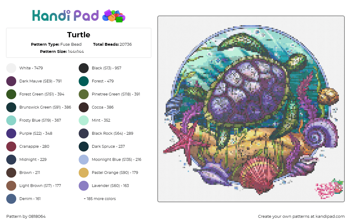 Turtle - Fuse Bead Pattern by 0818064 on Kandi Pad - turtle,underwater,animal,sea,ocean,majestic,purple,teal