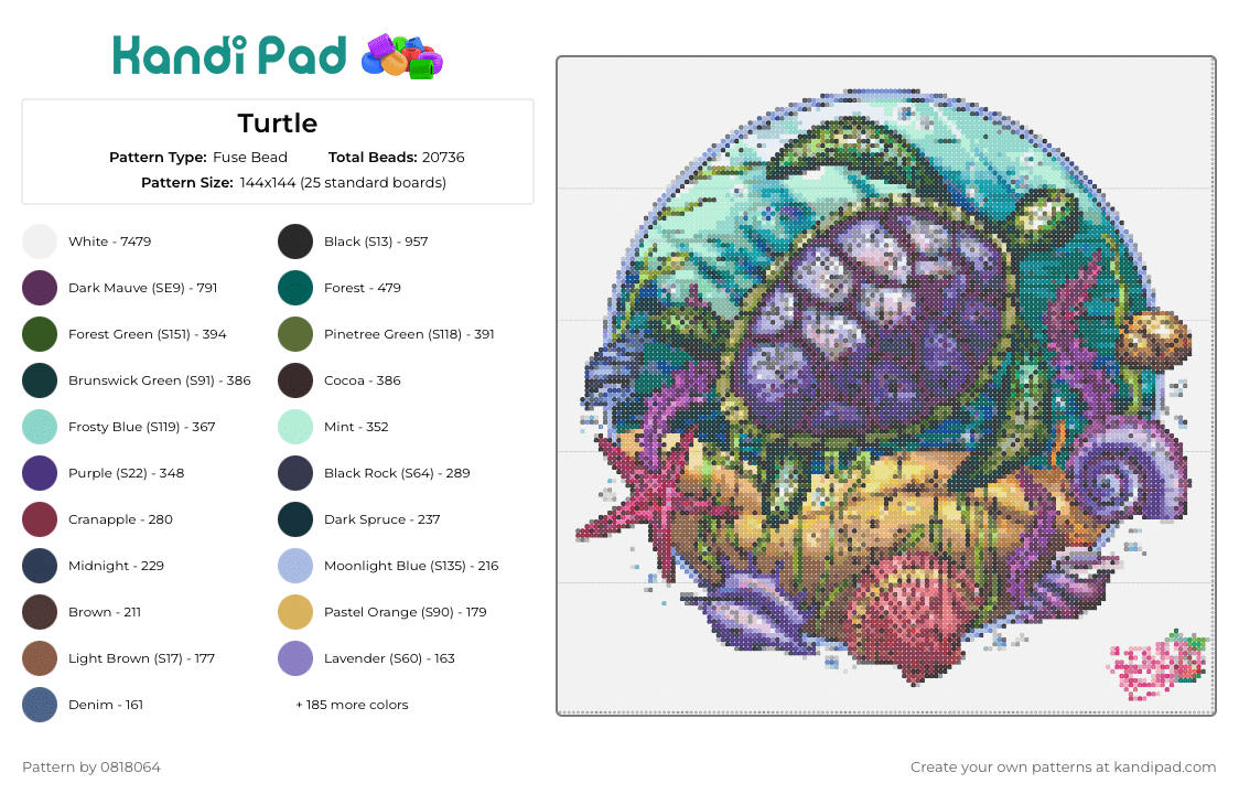 Turtle - Fuse Bead Pattern by 0818064 on Kandi Pad - turtle,underwater,animal,sea,ocean,majestic,purple,teal