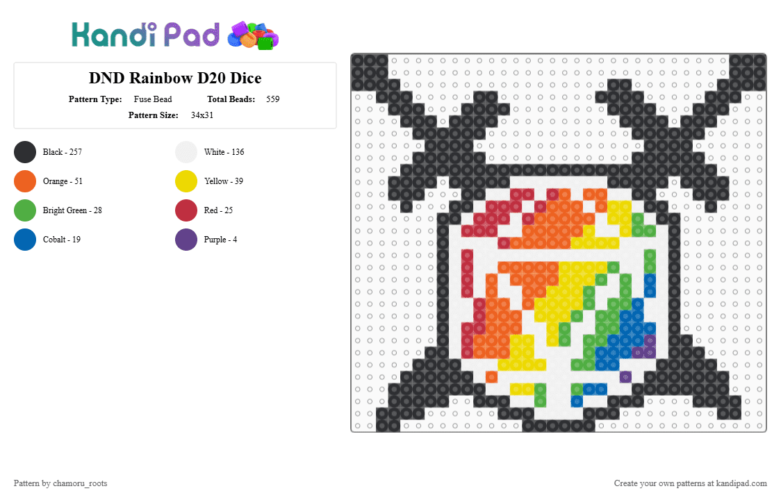 DND Rainbow D20 Dice - Fuse Bead Pattern by chamoru_roots on Kandi Pad - black, colorful, orange, white, yellow