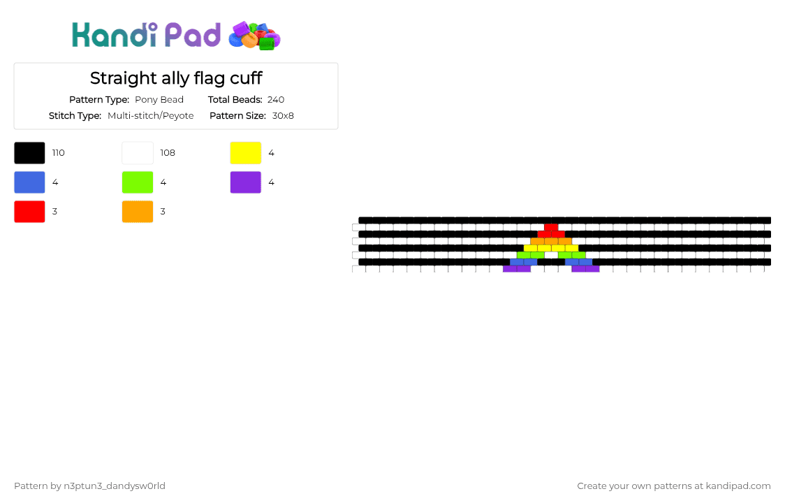 Straight ally flag cuff - Pony Bead Pattern by n3ptun3_dandysw0rld on Kandi Pad - black, blue, colorful, purple, white
