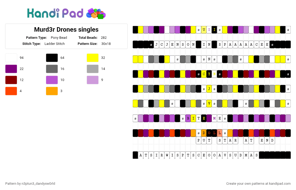 Murd3r Drones singles - Pony Bead Pattern by n3ptun3_dandysw0rld on Kandi Pad - white,yellow,pink