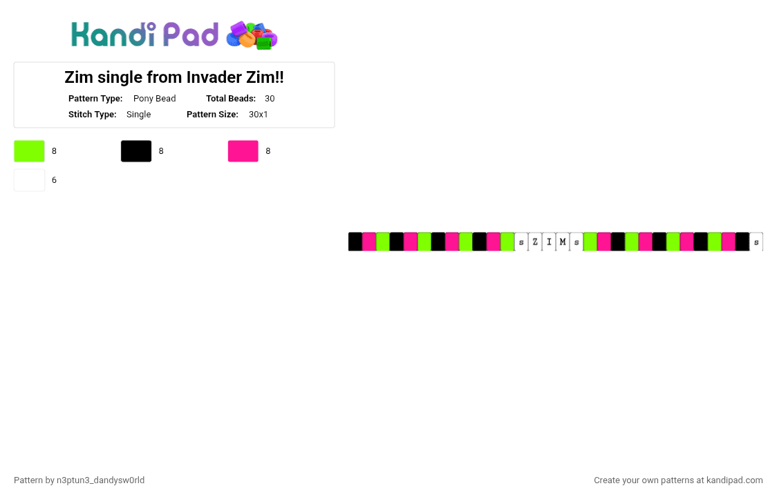 Zim single from Invader Zim!! - Pony Bead Pattern by n3ptun3_dandysw0rld on Kandi Pad - green, pink