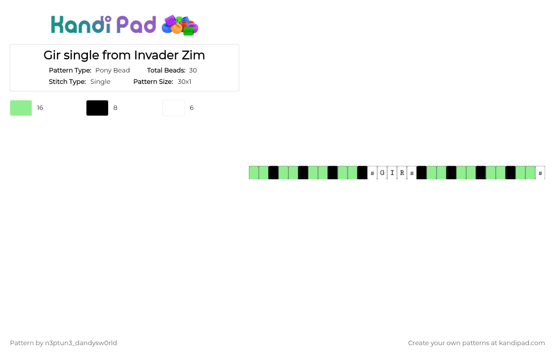 Gir single from Invader Zim - Pony Bead Pattern by n3ptun3_dandysw0rld on Kandi Pad - teal, white