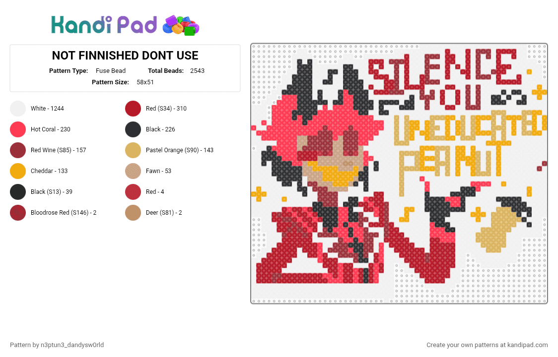 Silence you uneducated peanut! * NOT MINE* - Fuse Bead Pattern by n3ptun3_dandysw0rld on Kandi Pad - orange, red, white