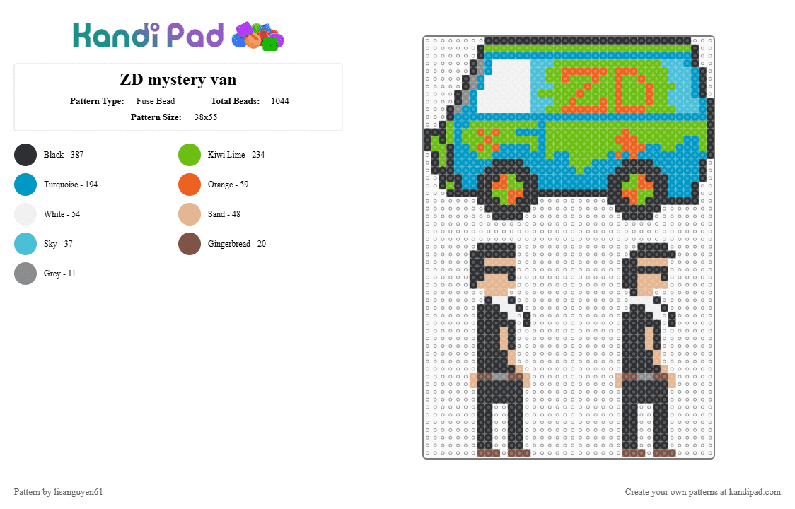 ZD mystery van - Fuse Bead Pattern by lisanguyen61 on Kandi Pad - zeds dead,scooby doo,edm,dj,music,mystery machine,cartoon,green,light blue