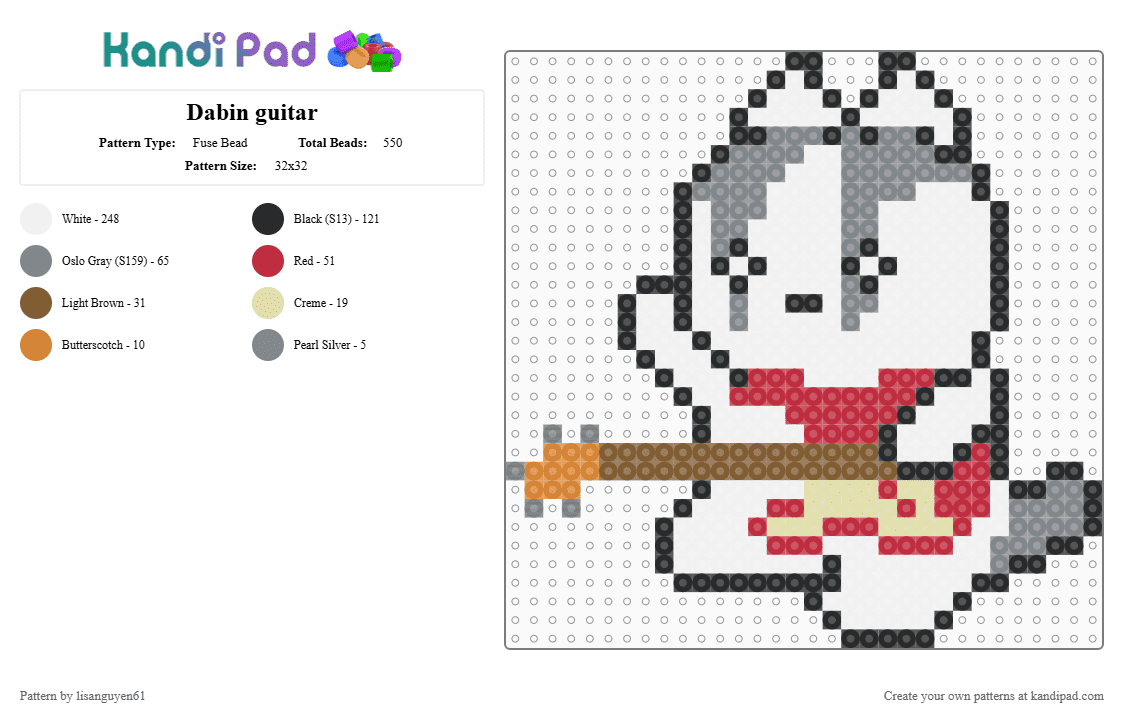Dabin guitar - Fuse Bead Pattern by lisanguyen61 on Kandi Pad - gray, red, white