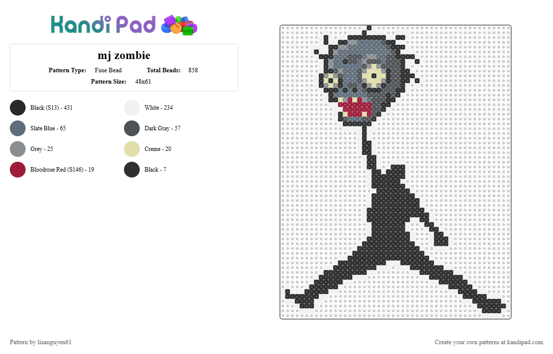 mj zombie - Fuse Bead Pattern by lisanguyen61 on Kandi Pad - black, gray, white