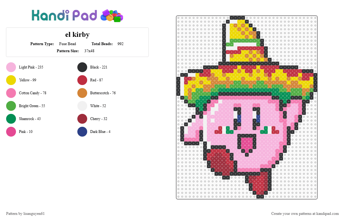 el kirby - Fuse Bead Pattern by lisanguyen61 on Kandi Pad - kirby,sombrero,red,pink