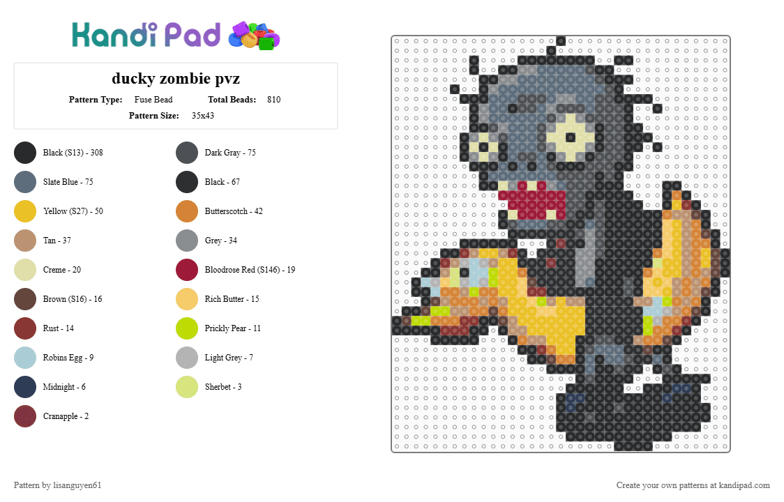 ducky zombie pvz - Fuse Bead Pattern by lisanguyen61 on Kandi Pad - black,gray,beige,colorful