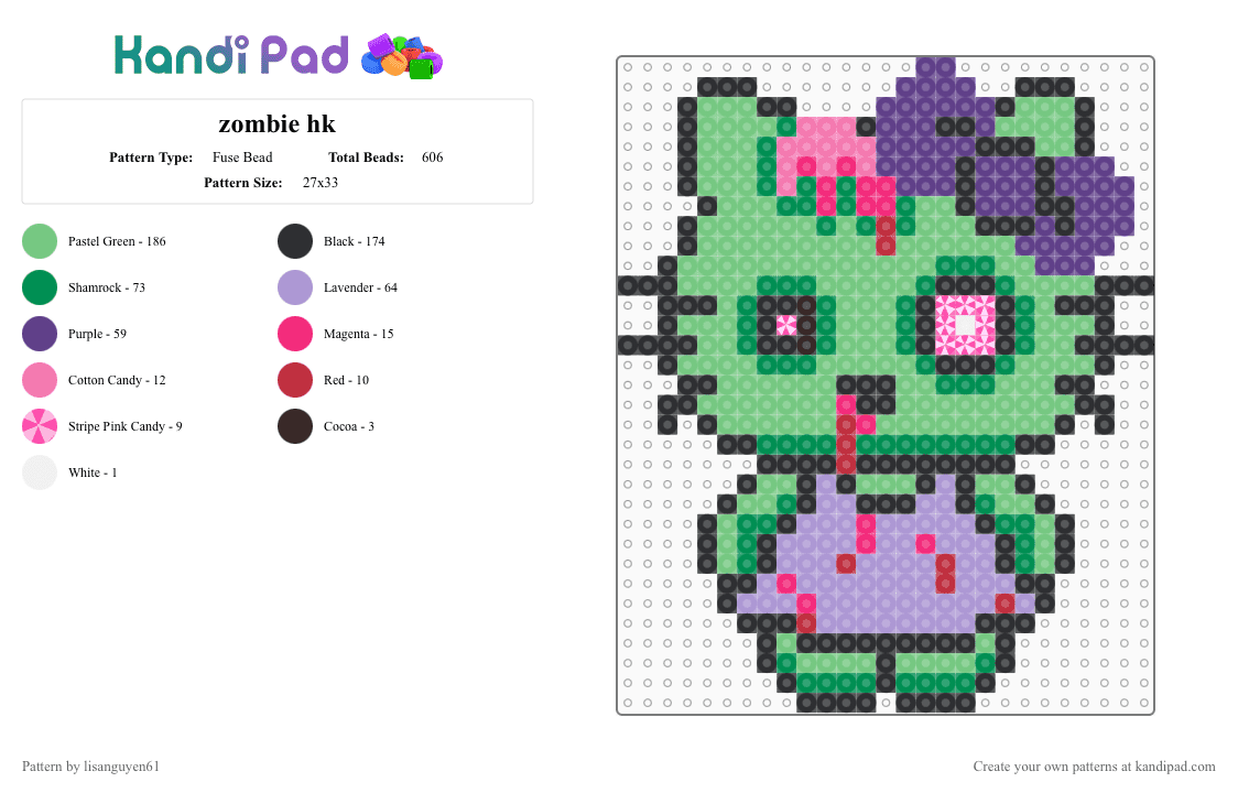 zombie hk - Fuse Bead Pattern by lisanguyen61 on Kandi Pad - zombie,hello kitty,halloween,spooky,teal,green,pink