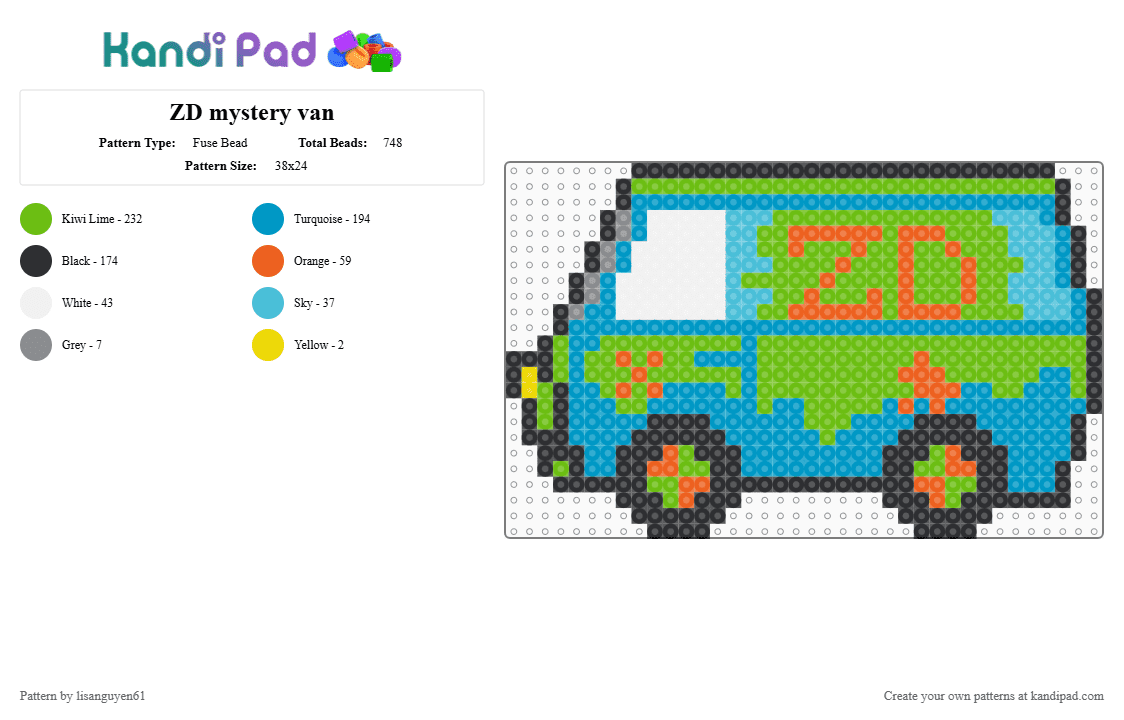 ZD mystery van - Fuse Bead Pattern by lisanguyen61 on Kandi Pad - cartoon, dj, edm, green, light blue, music, mystery machine, scooby doo, zeds dead