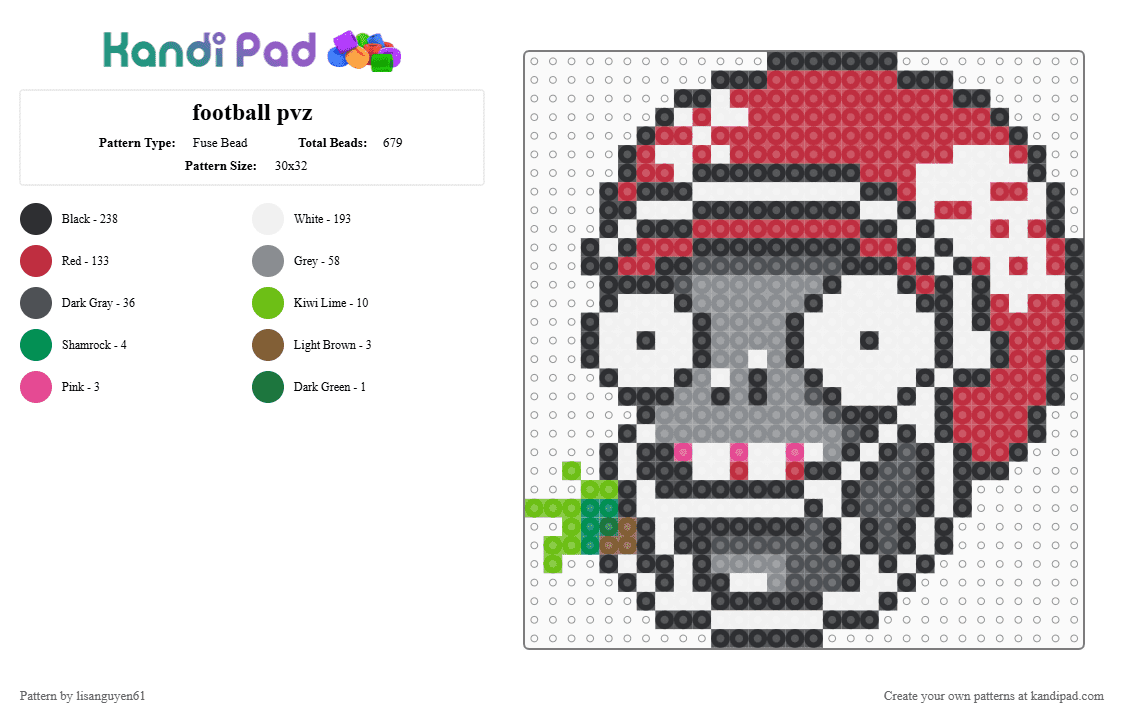 football pvz - Fuse Bead Pattern by lisanguyen61 on Kandi Pad - white,gray,red