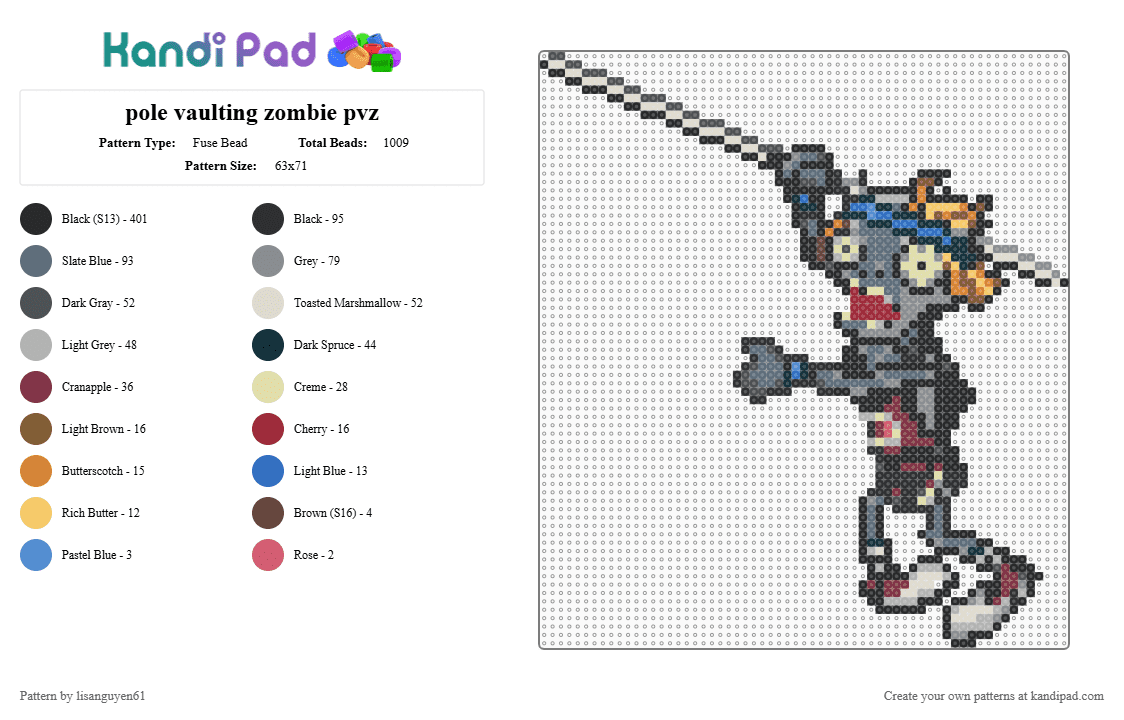 pole vaulting zombie pvz - Fuse Bead Pattern by lisanguyen61 on Kandi Pad - black,gray,beige