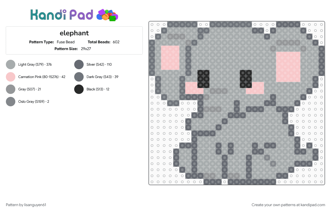 elephant - Fuse Bead Pattern by lisanguyen61 on Kandi Pad - gray