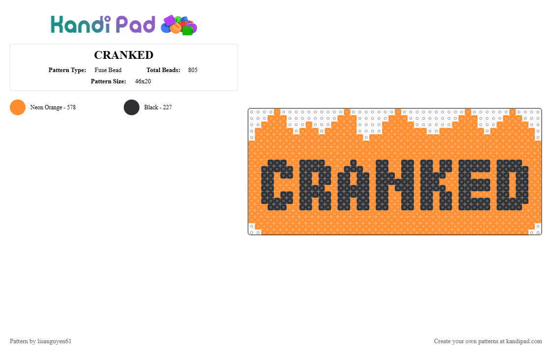 CRANKED - Fuse Bead Pattern by lisanguyen61 on Kandi Pad - black,orange