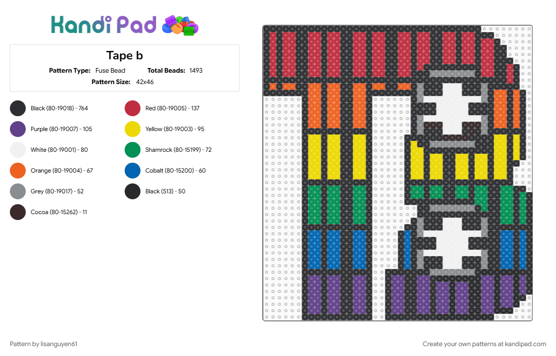 Tape b - Fuse Bead Pattern by lisanguyen61 on Kandi Pad - black, colorful, purple, red, yellow
