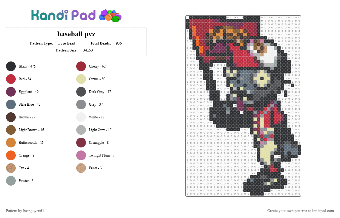 baseball pvz - Fuse Bead Pattern by lisanguyen61 on Kandi Pad - black,red,gray,yellow,colorful