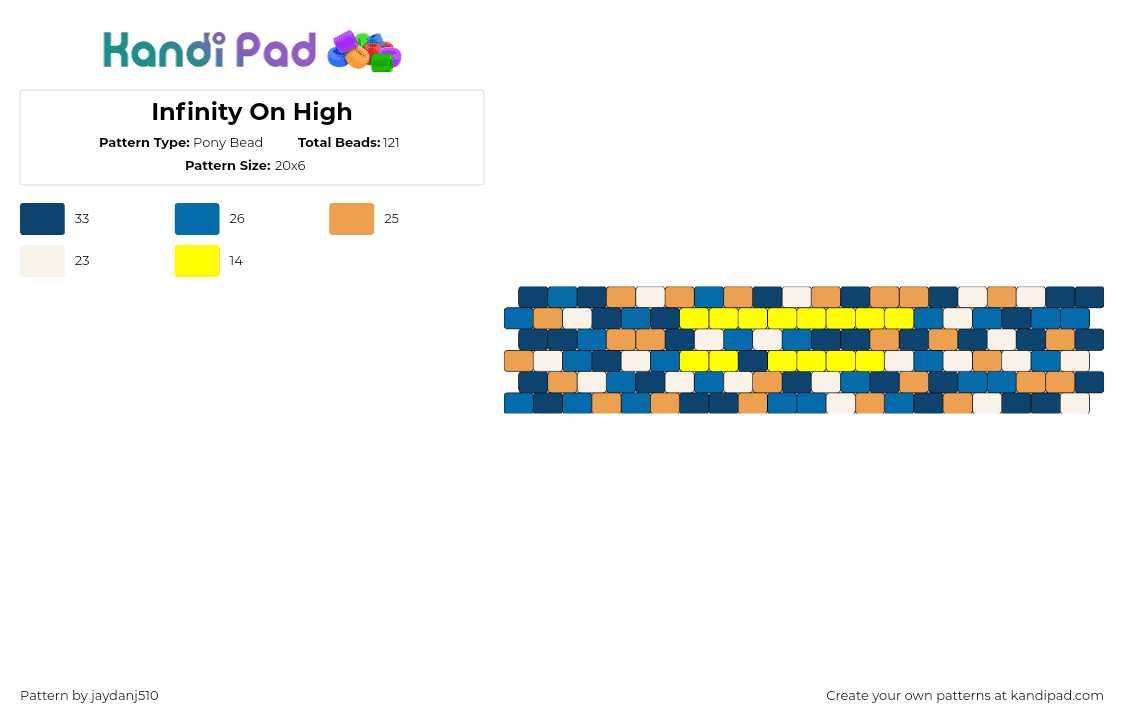 Infinity On High - Pony Bead Pattern by jaydanj510 on Kandi Pad - infinity on high,fall out boy,album,music,band,colorful,cuff,yellow,orange,blue