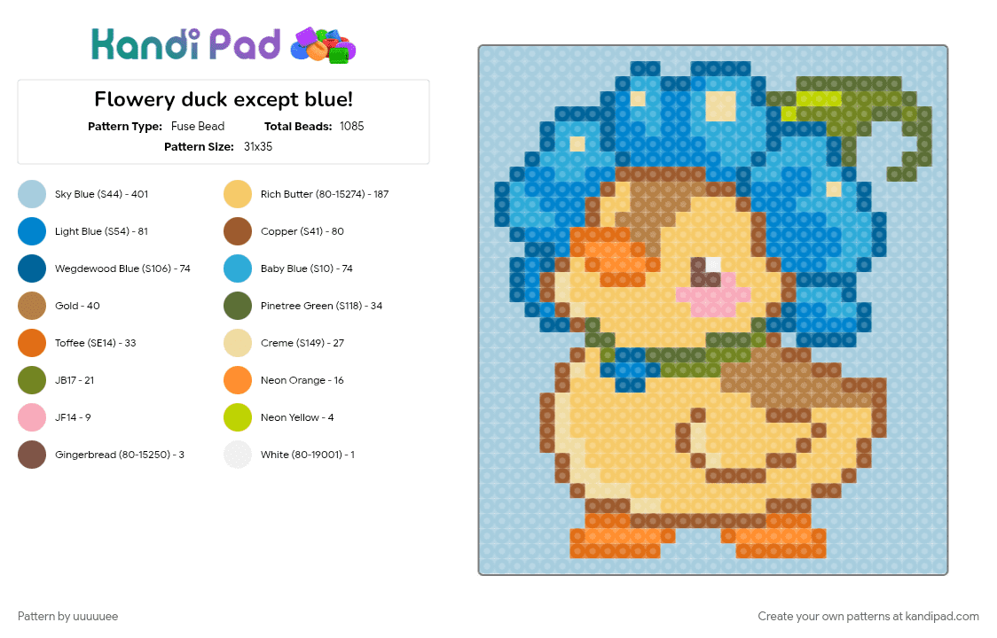 Flowery duck except blue! - Fuse Bead Pattern by uuuuuee on Kandi Pad - blue, light blue, tan, yellow