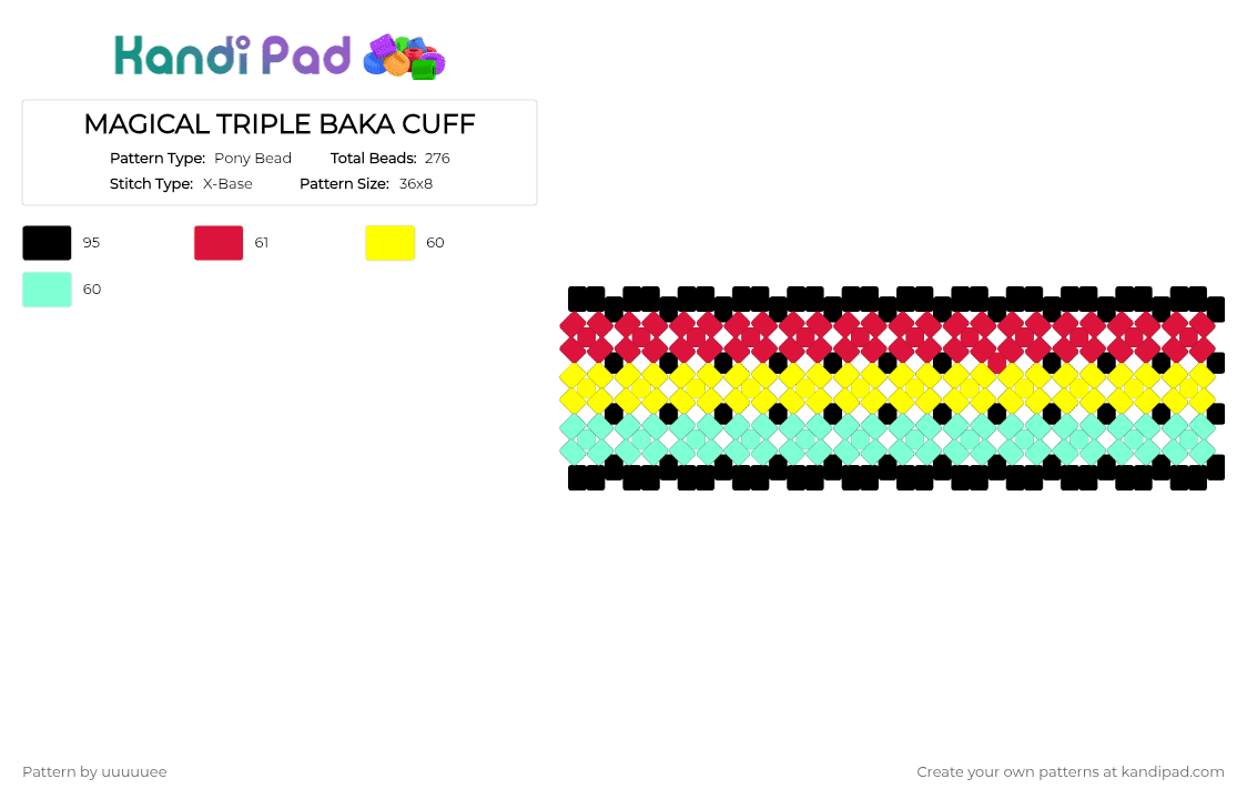 MAGICAL TRIPLE BAKA CUFF - Pony Bead Pattern by uuuuuee on Kandi Pad - red,yellow,teal