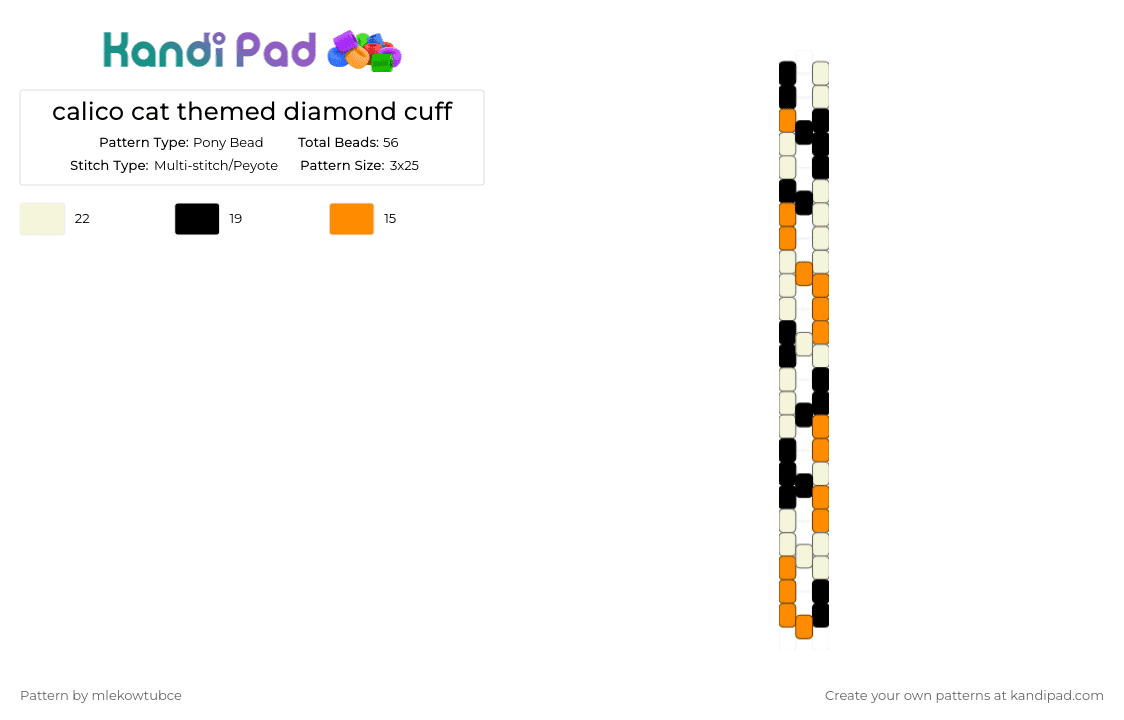 calico cat themed diamond cuff - Pony Bead Pattern by mlekowtubce on Kandi Pad - calico cat, cat, cuff, diamond cuff, orange, white