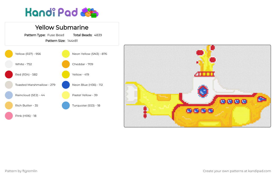 The Beatles - Yellow Submarine - Fuse Bead Pattern by ftgremlin on Kandi Pad - yellow,red,orange,beatles