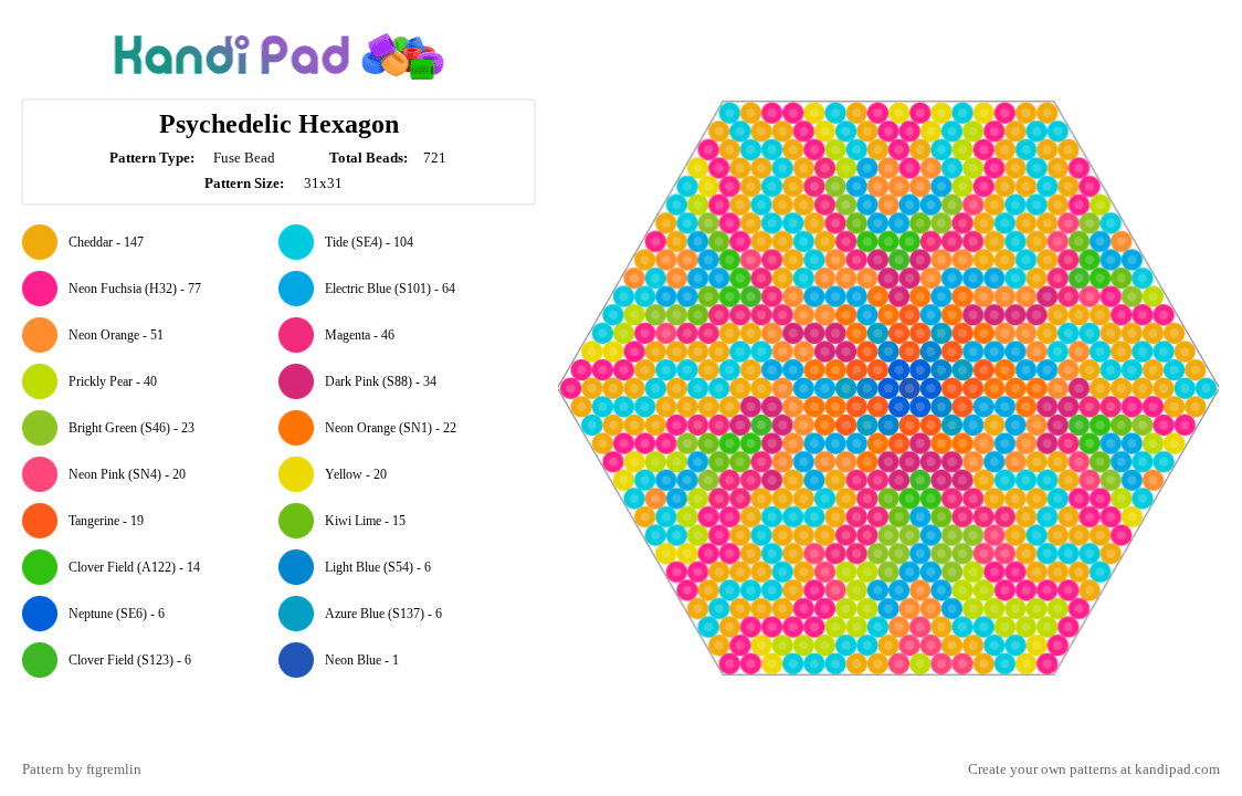 Psychedelic Hexagon - Fuse Bead Pattern by ftgremlin on Kandi Pad - light blue,orange,green,pink,cotdswirls