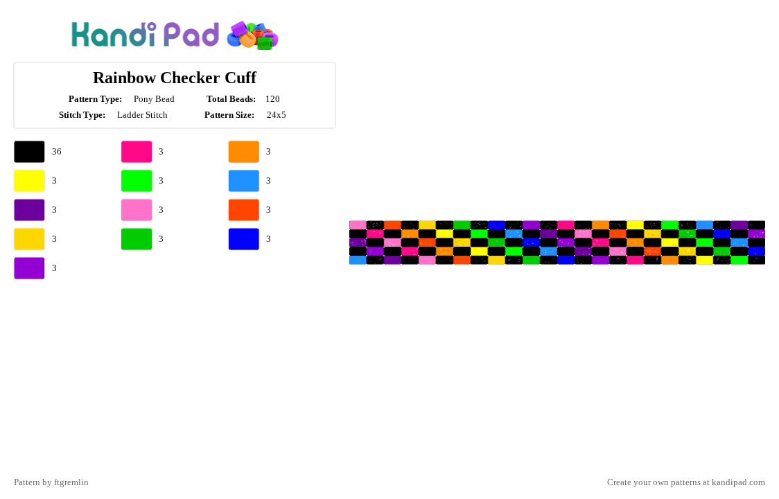 Checkered Rainbow Glitter Cuff - Pony Bead Pattern by ftgremlin on Kandi Pad - black,green,pink,colorful,pride