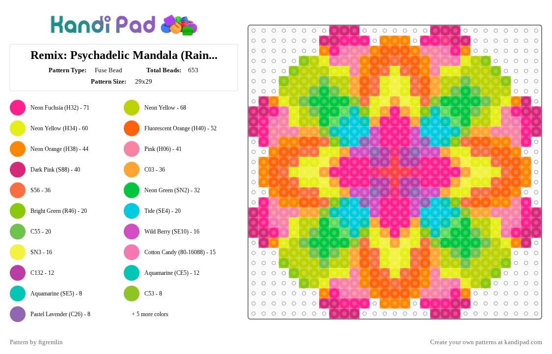 Remix: Psychedelic Mandala (Rainbow) - Fuse Bead Pattern by ftgremlin on Kandi Pad - pink,green,orange,colorful
