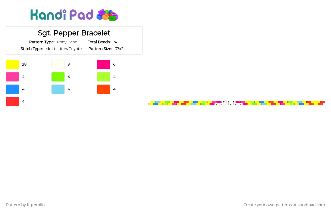 Sgt. Pepper Bracelet - Pony Bead Pattern by ftgremlin on Kandi Pad - colorful, music, yellow