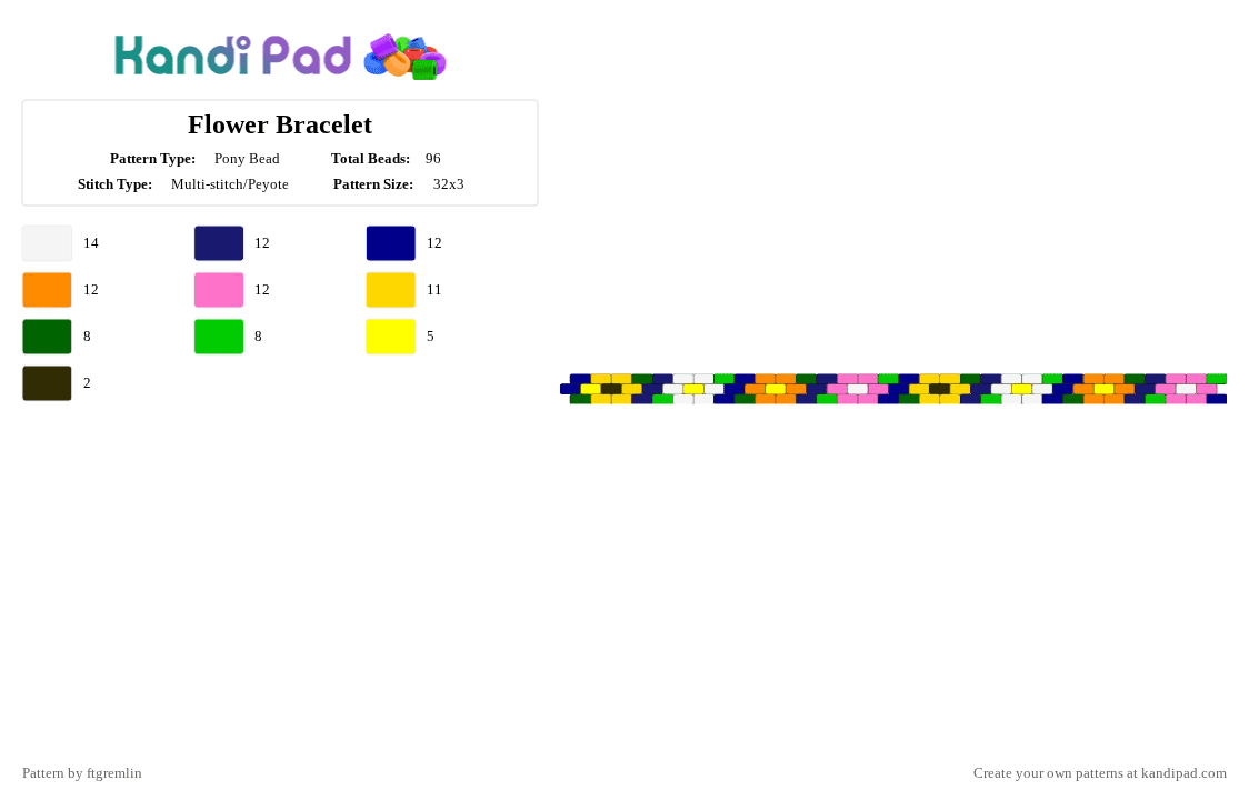 Flower Bracelet - Pony Bead Pattern by ftgremlin on Kandi Pad - green, nature, purple, yellow