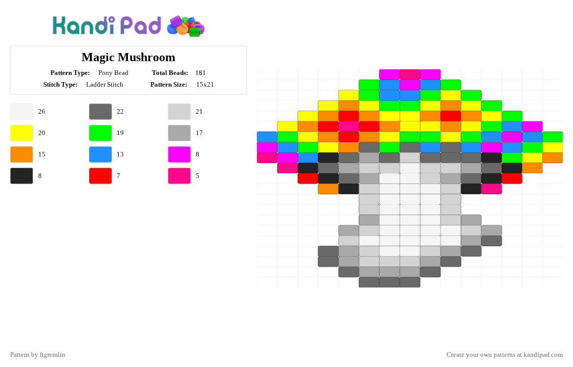 Magic Mushroom Charm - Pony Bead Pattern by ftgremlin on Kandi Pad - yellow,gray,colorful,charm