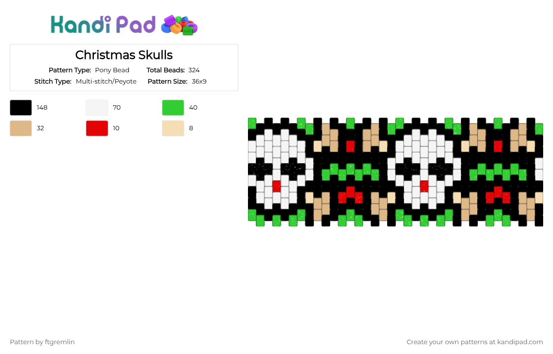 Christmas Skulls - Pony Bead Pattern by ftgremlin on Kandi Pad - black,beige,green,holidays