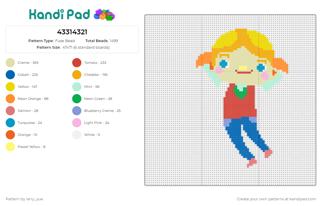 43314321 - Fuse Bead Pattern by larry_yue on Kandi Pad - girl,female,pigtails,character,smile,blonde,red,blue,yellow
