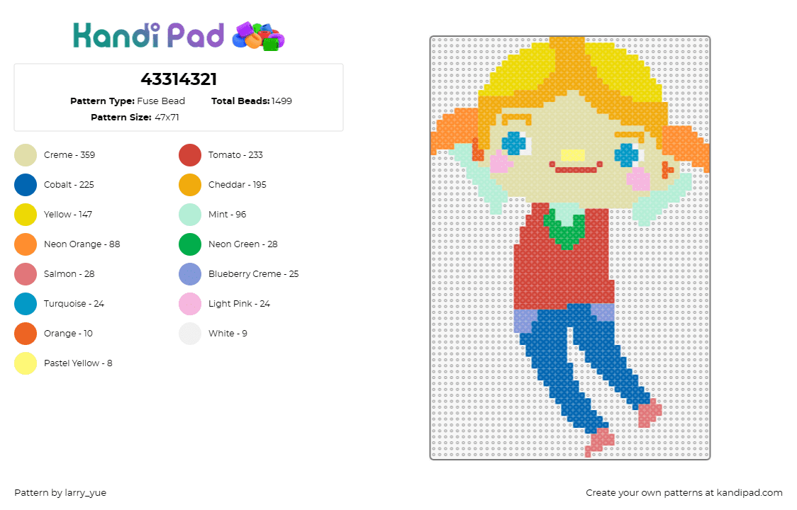 43314321 - Fuse Bead Pattern by larry_yue on Kandi Pad - girl,female,pigtails,character,smile,blonde,red,blue,yellow