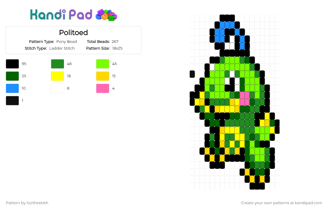 Politoed - Pony Bead Pattern by lizzthesloth on Kandi Pad - green