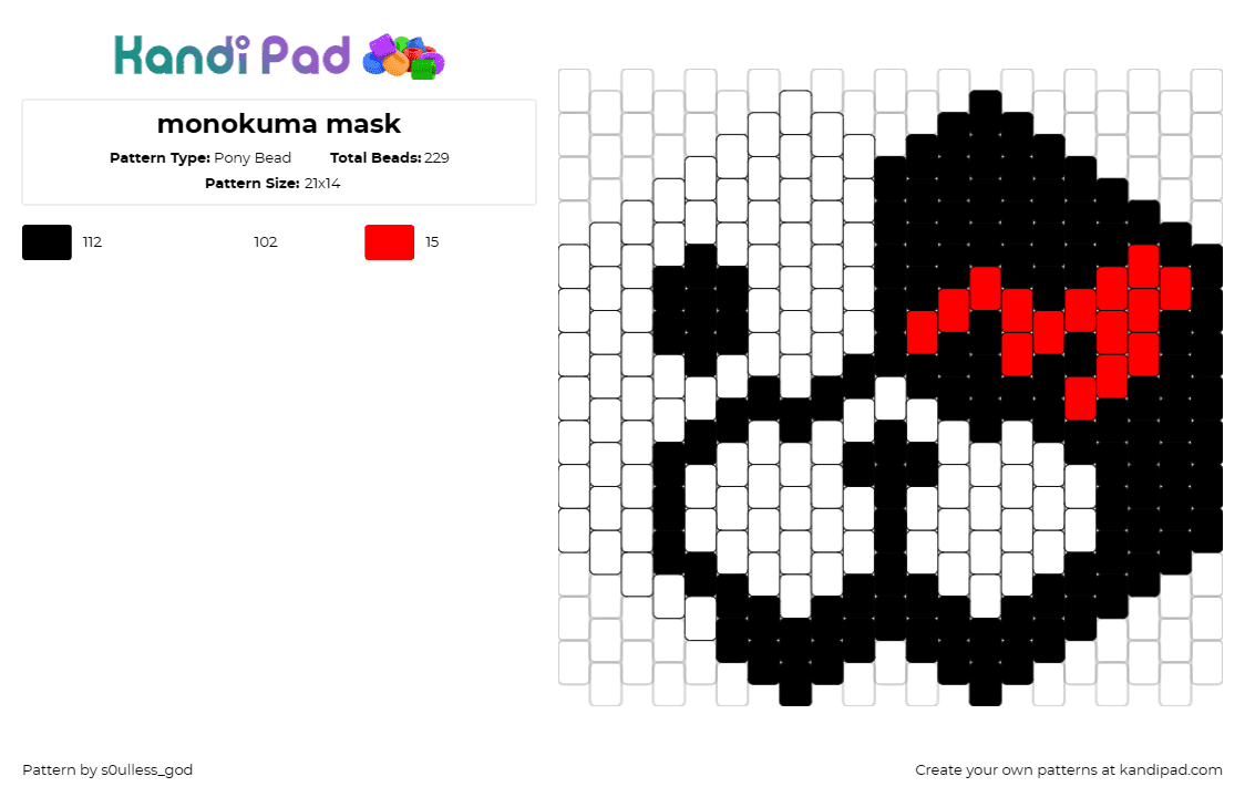 monokuma mask - Pony Bead Pattern by s0ulless_god on Kandi Pad - monokuma,danganronpa,teddy,bear,anime,video game,yin yang,mask,black,white,red