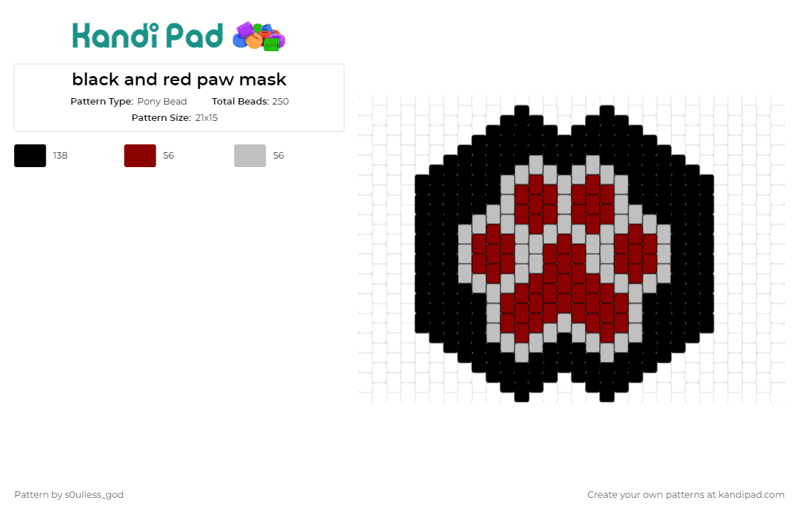 black and red paw mask - Pony Bead Pattern by s0ulless_god on Kandi Pad - paw print,animal,mask,dog,cat,wolf,red,black
