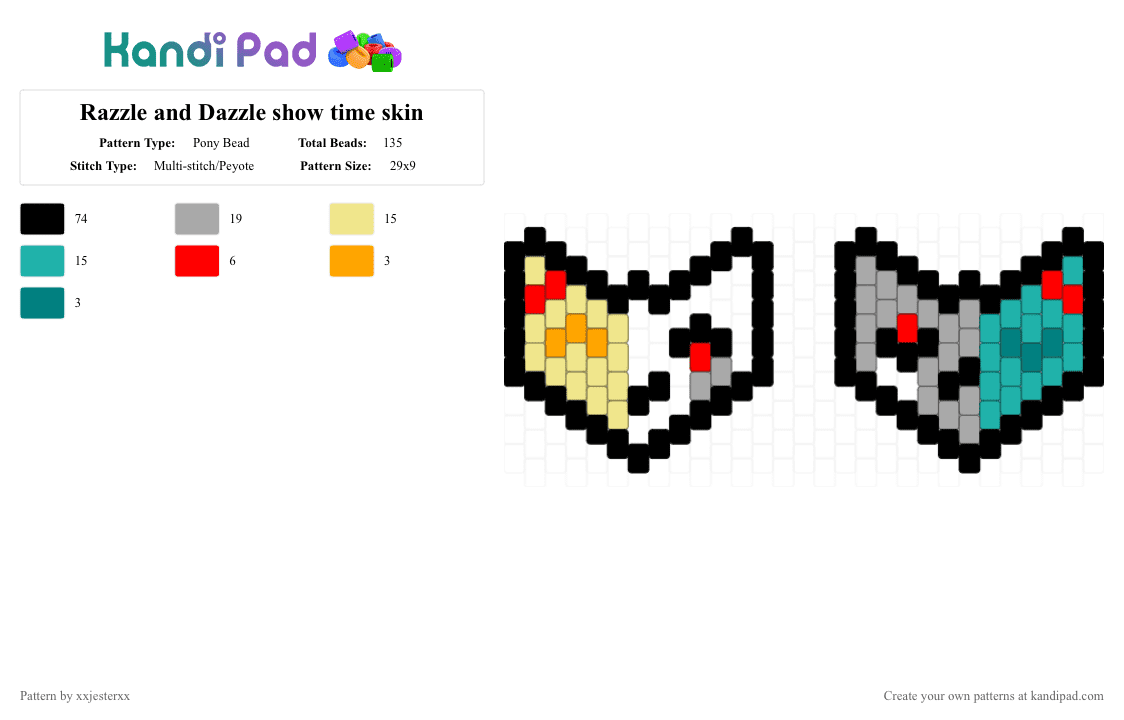 Razzle and Dazzle show time skin - Pony Bead Pattern by xxjesterxx on Kandi Pad - beige, black, dandys world, dandysworld, dazzle, dw, razzle, show time skin dandys world, showtimeskin, teal, yellow
