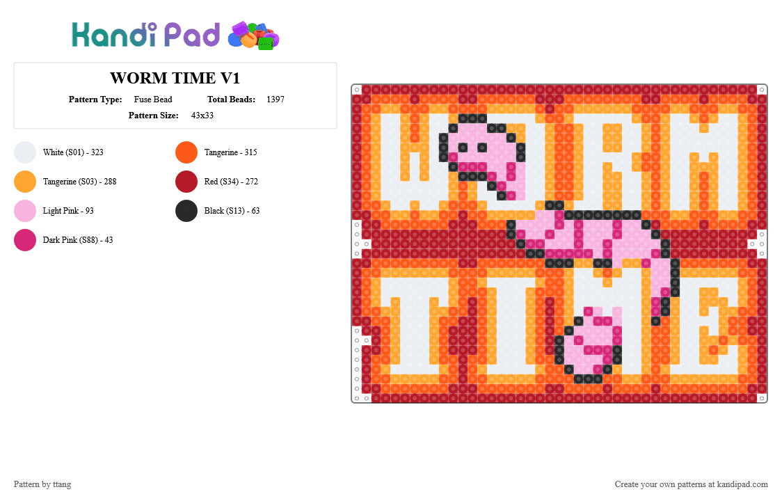WORM TIME V1 - Fuse Bead Pattern by ttang on Kandi Pad - worm,worm time,eptic,dj,animal,music,orange