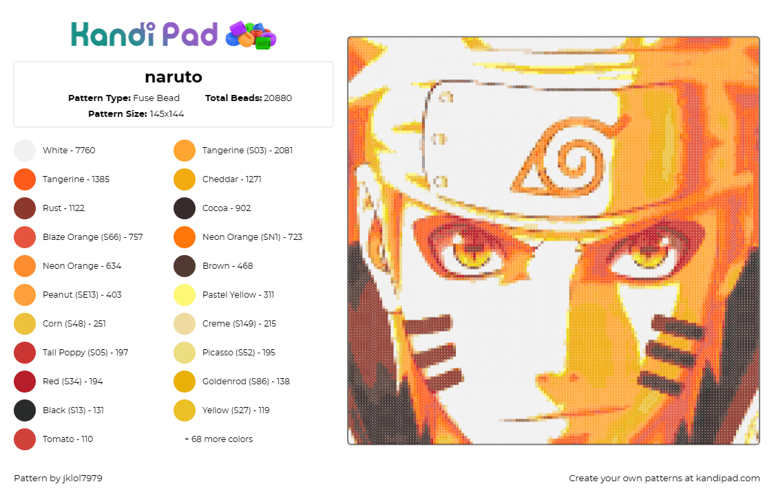 naruto - Fuse Bead Pattern by jklol7979 on Kandi Pad - naruto,portrait,anime,hidden leaf,character,intense,fiery,orange