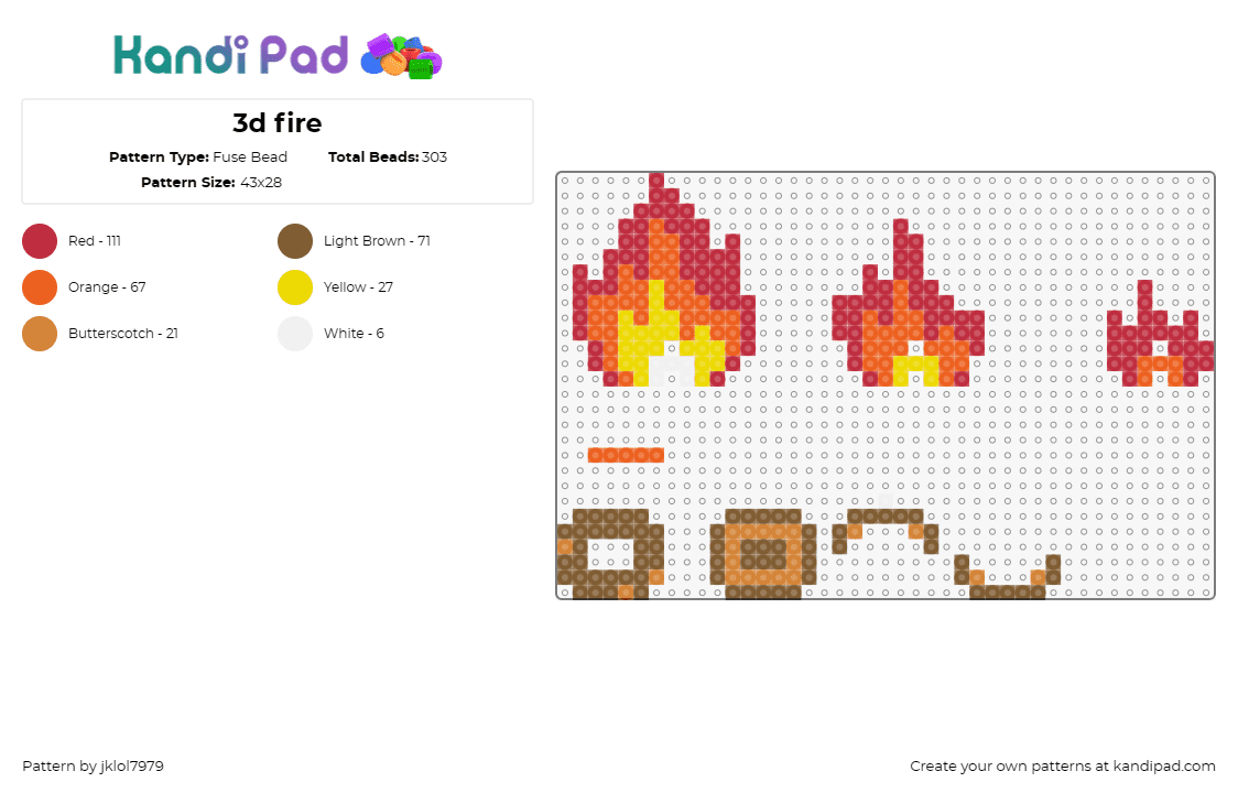 3d fire - Fuse Bead Pattern by jklol7979 on Kandi Pad - fire,flames,3d,log,campfire,burn,yellow,red,orange,brown