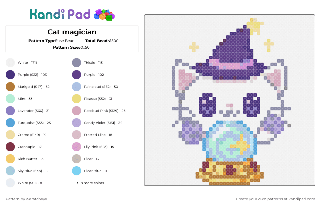 Cat magician - Fuse Bead Pattern by waratchaya on Kandi Pad - white,purple,gray,colorful
