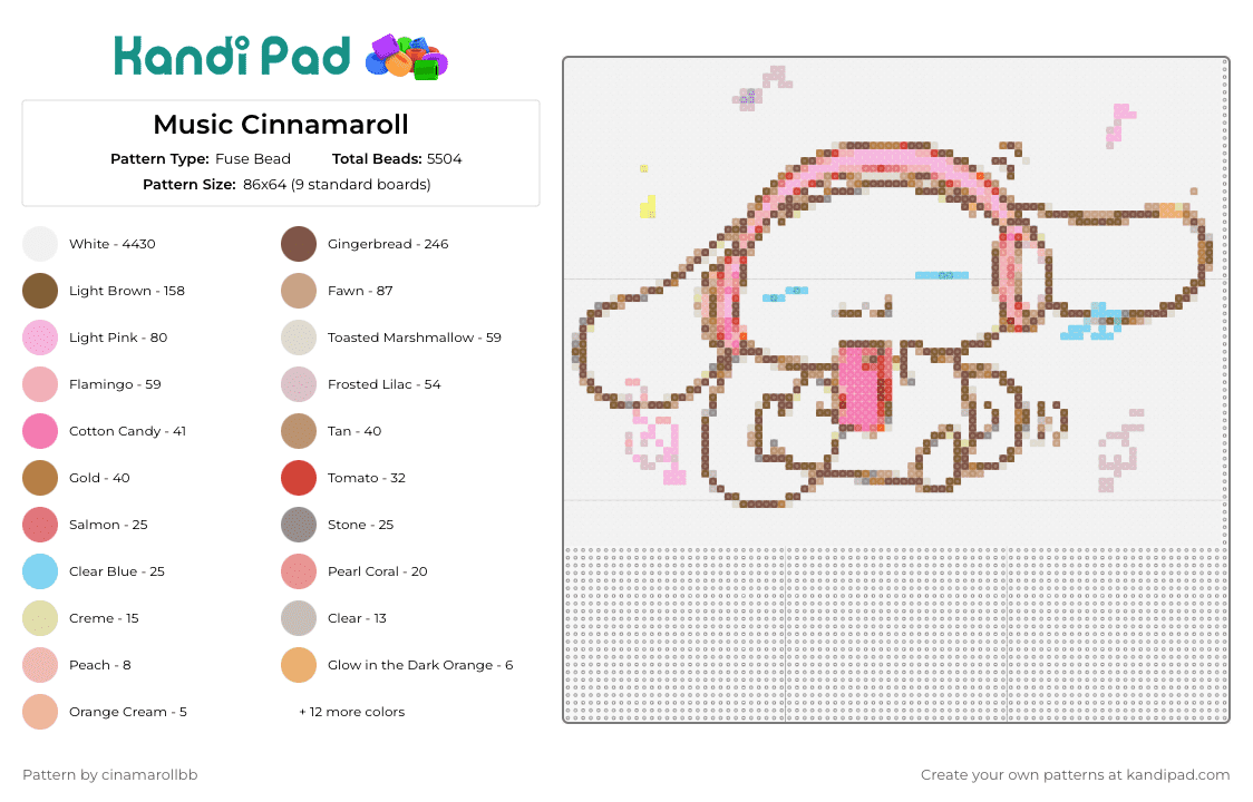 Music Cinnamaroll - Fuse Bead Pattern by cinamarollbb on Kandi Pad - cinnamoroll,sanrio,headphones,cute,character,music,white,pink