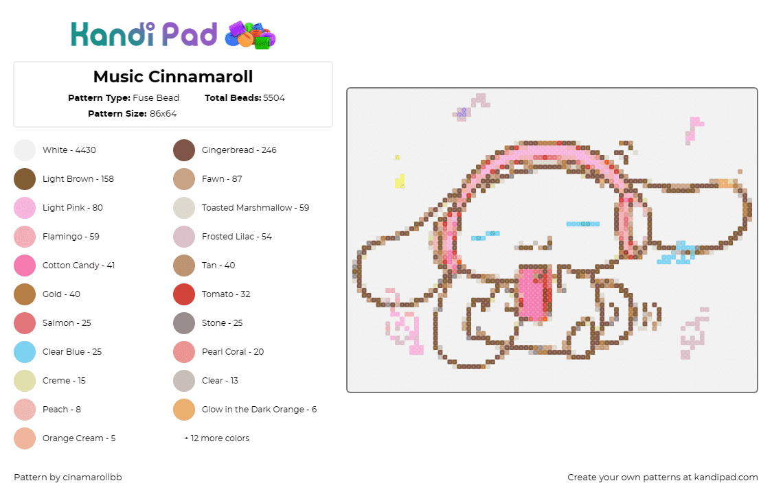 Music Cinnamaroll - Fuse Bead Pattern by cinamarollbb on Kandi Pad - cinnamoroll,sanrio,headphones,cute,character,music,white,pink